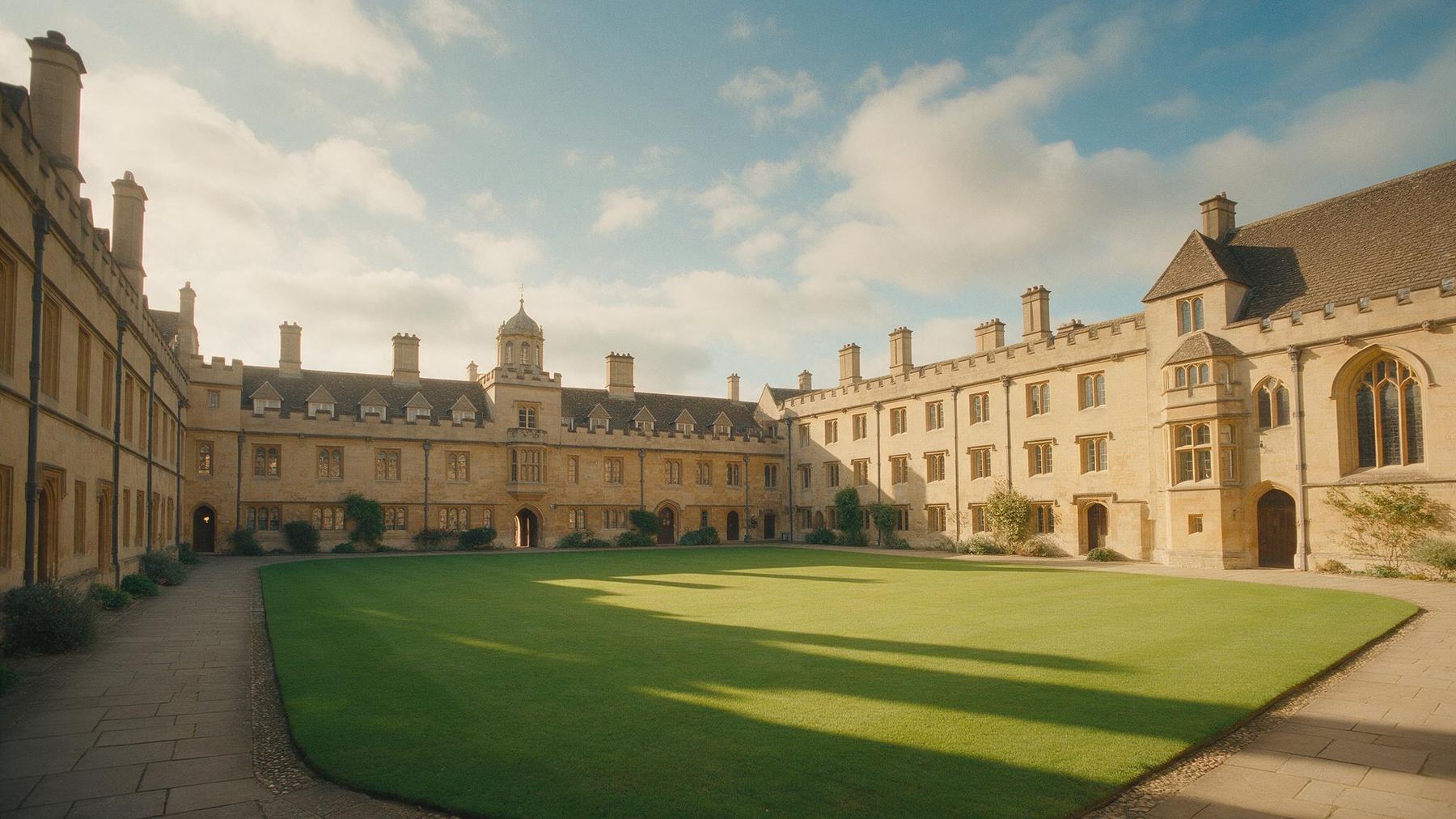 The quadrangle of a British university college on a bright summer morning