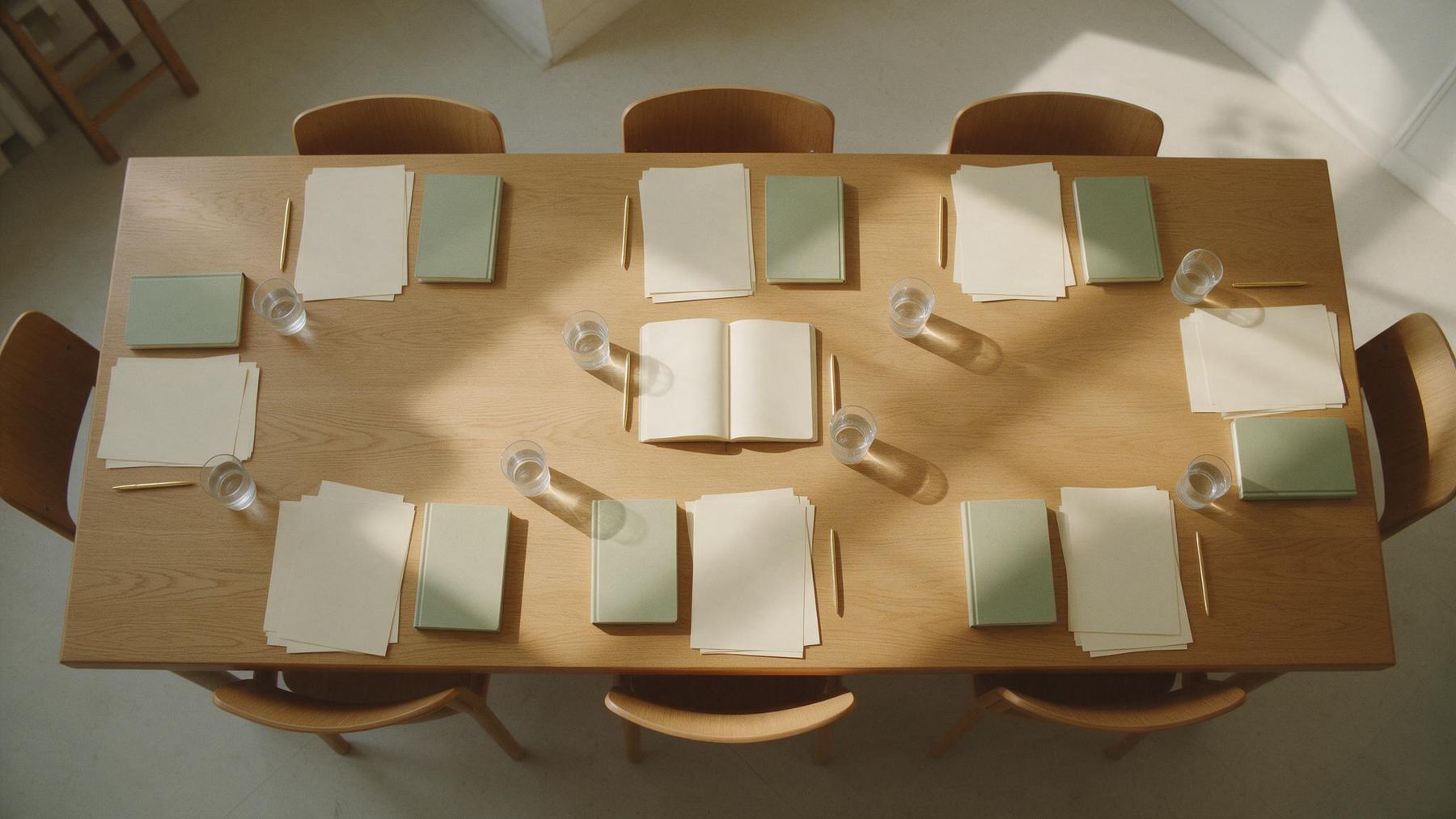 A long committee table laid for a meeting, seen from above in bright daylight: papers, pens and water glasses set out ready