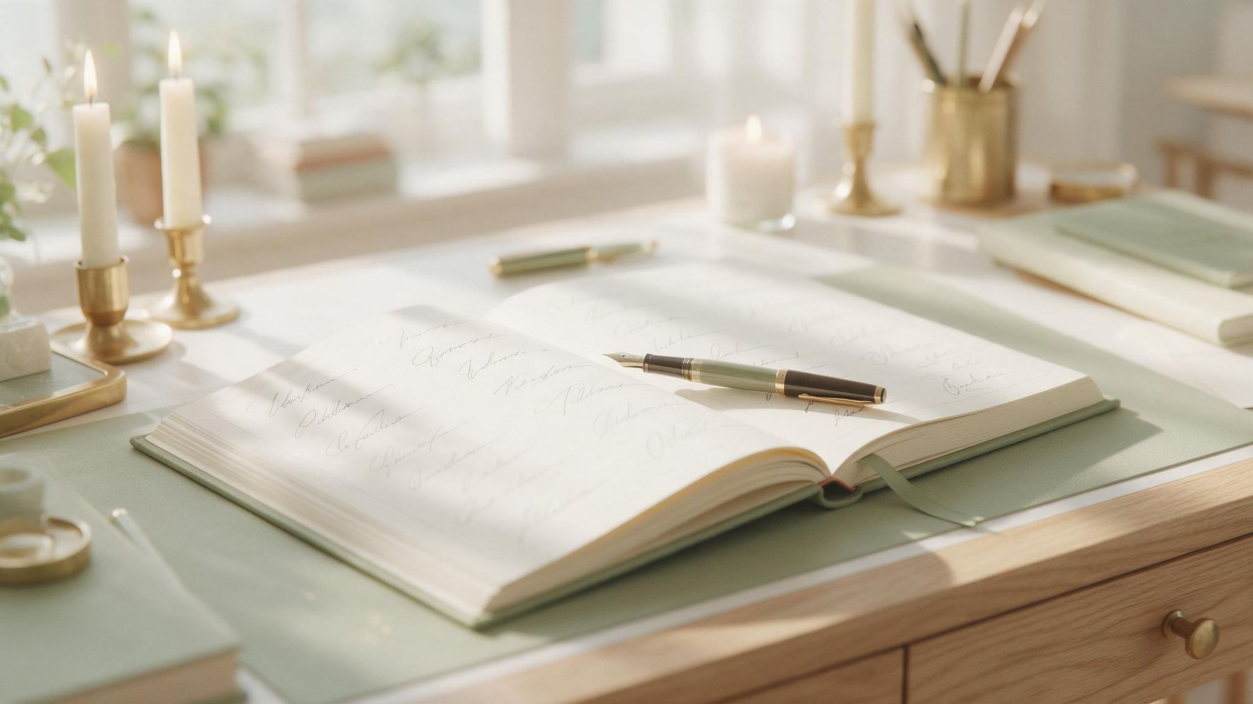 An open minute book with rows of handwritten signatures, a fountain pen resting across the page, in soft daylight