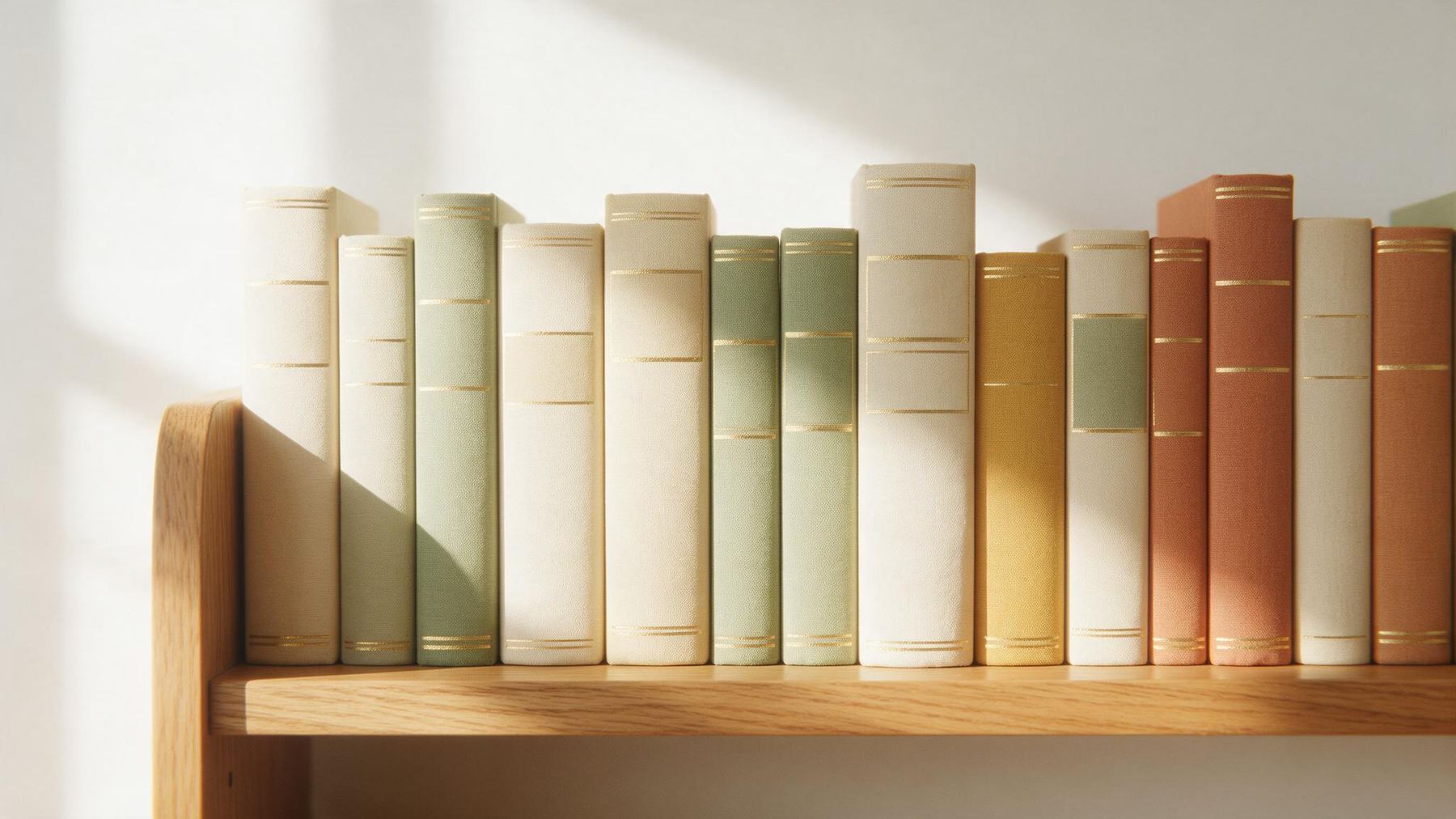 Cloth-bound scholarly volumes standing on a bright shelf